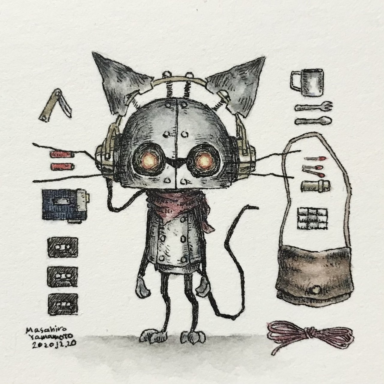 Mshr Fe 持ち物 猫 荷物は少なめ ペン画 水彩 アナログイラスト Pawo Pawoo