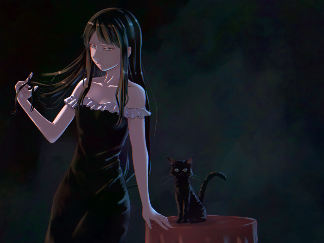 ひげねこ 黒猫と黒ドレス Pixiv今日のお題 黒 より たまに描きたくなる綺麗なお姉さん 普段の絵柄で Pawoo